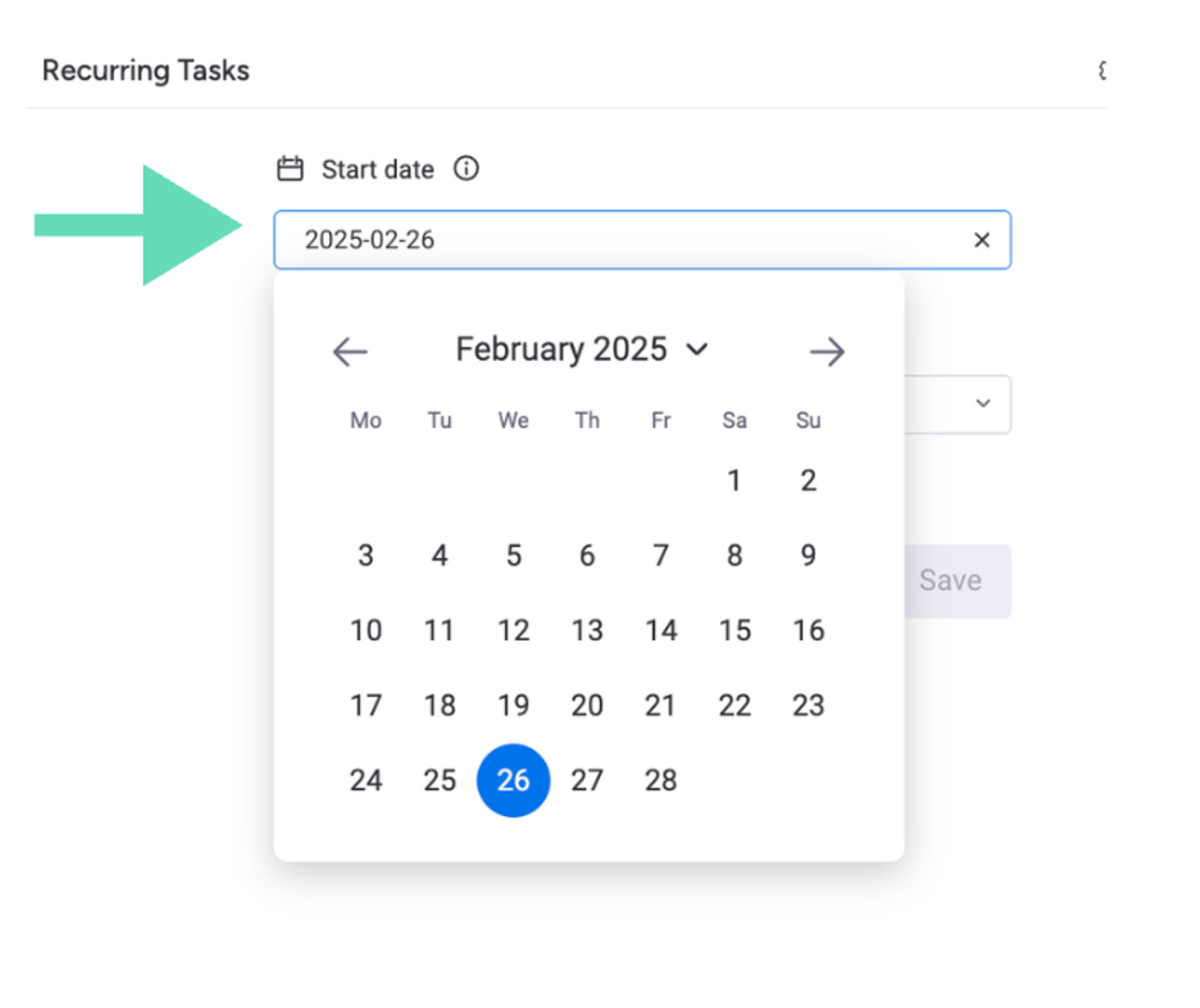 Screenshot showing how to select a start date in Recurring Tasks for monday.com.