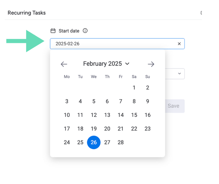 Screenshot showing how to select a start date in Recurring Tasks for monday.com.