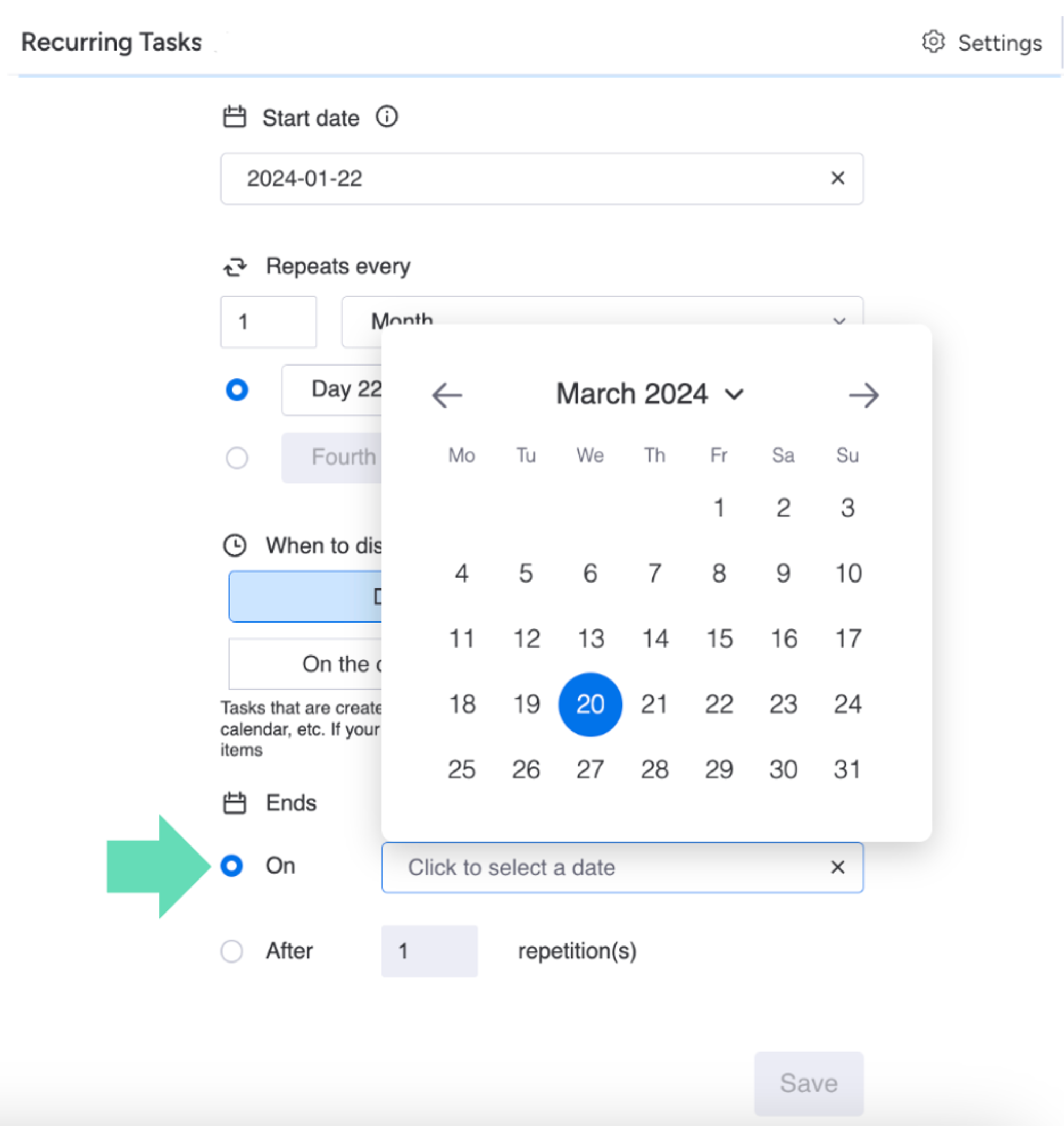 Screenshot showing how to set an end date using Recurring Tasks for monday.com.