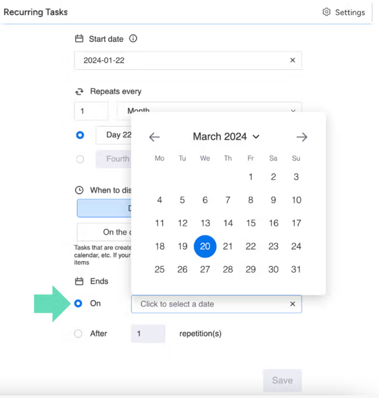 Screenshot showing how to select an end date for recurring tasks in monday.com.