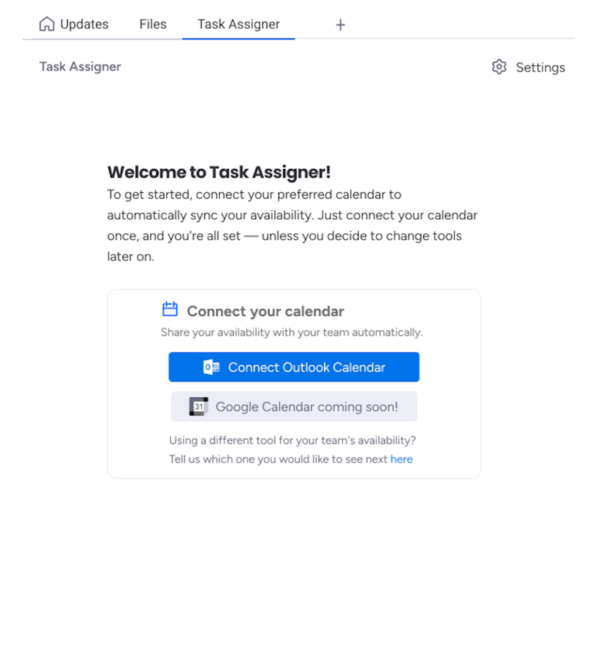 Screenshot showing how to connect Task Assigner for monday.com to either your Google Calendar, or your Outlook calendar.