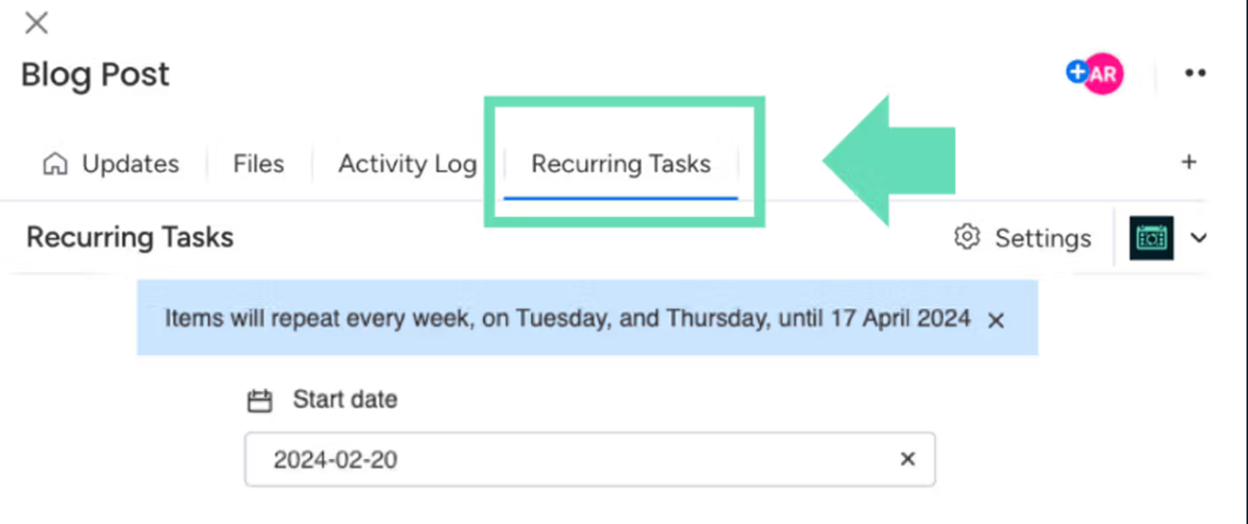 Screenshot showing step 3 of how to get started with Recurring Tasks for monday.com.