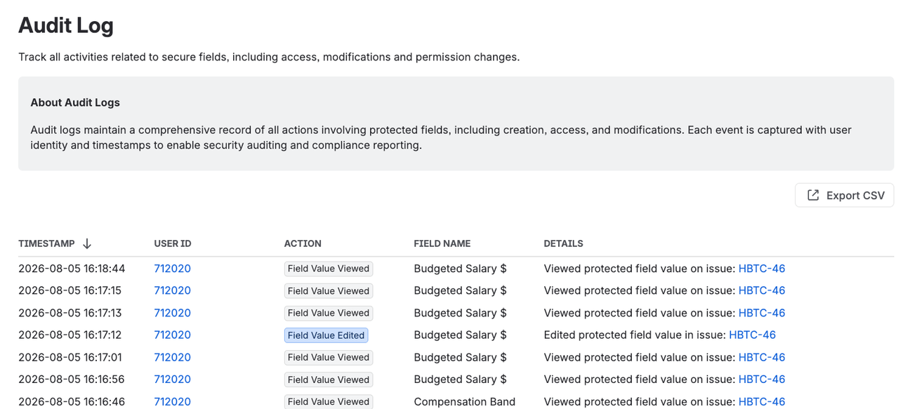 The Protected Custom Fields audit log, listing timestamped Field Value Viewed and Field Value Edited events with the user ID and field name for each.