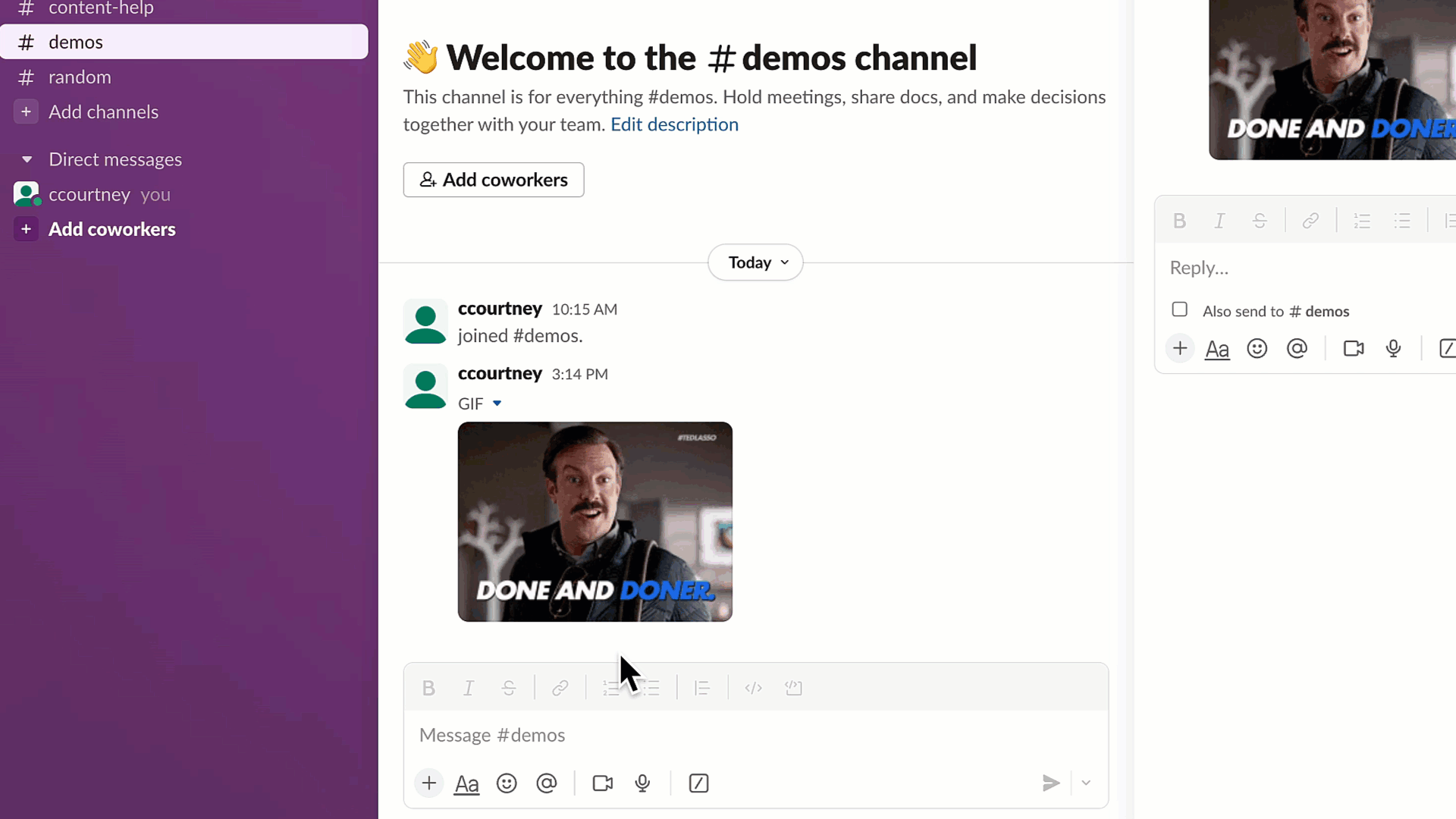 GIF showing the first method for how to leave a Slack channel