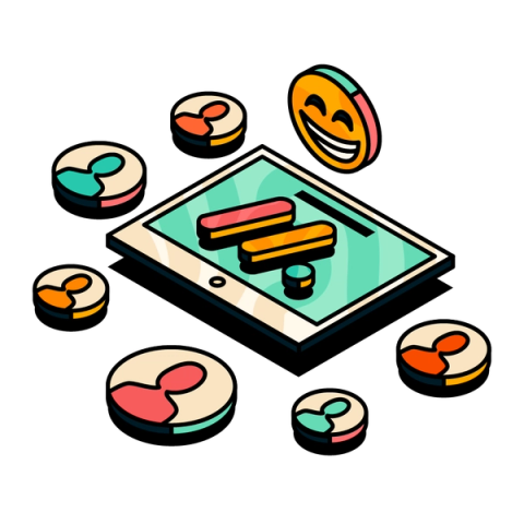 An illustration of the monday.com logo, in the Upscale style, surrounded by people icons and a smiley face icon.