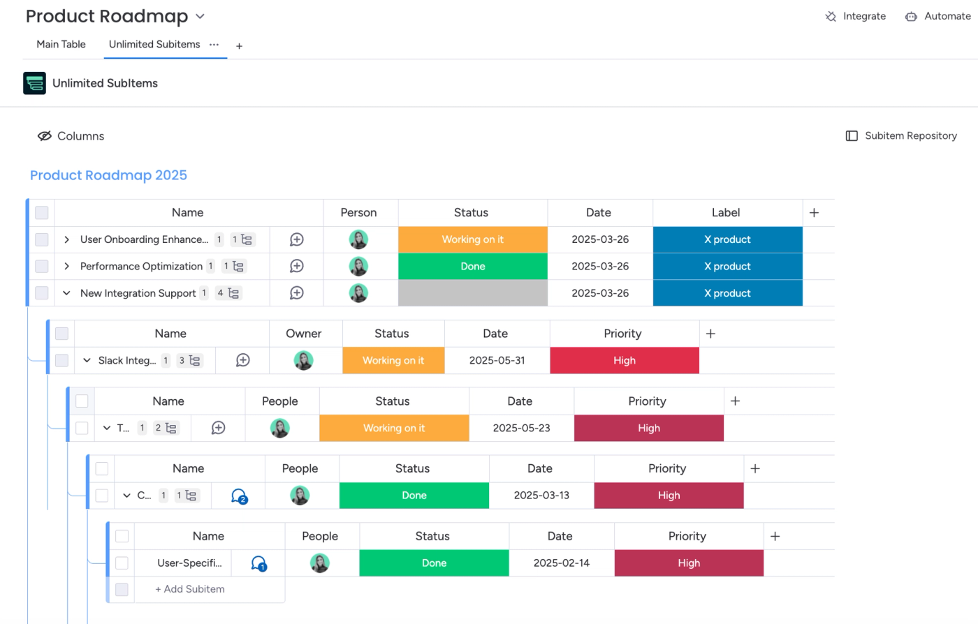 Screenshot showing how to use Unlimited Subitems for monday.com product management.