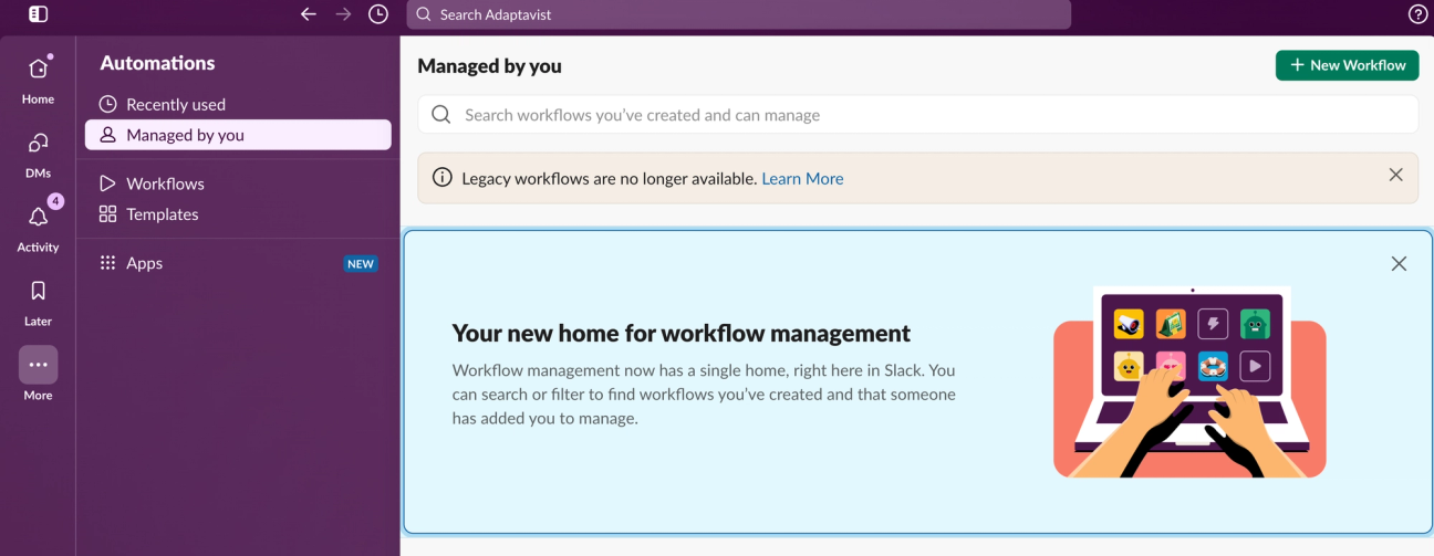 Screenshot showing how to build a new workflow using Slack Workflow Builder.