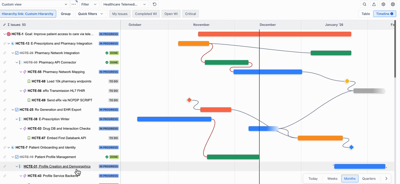 GIF of task dependencies on the timeline being highlighted with lines