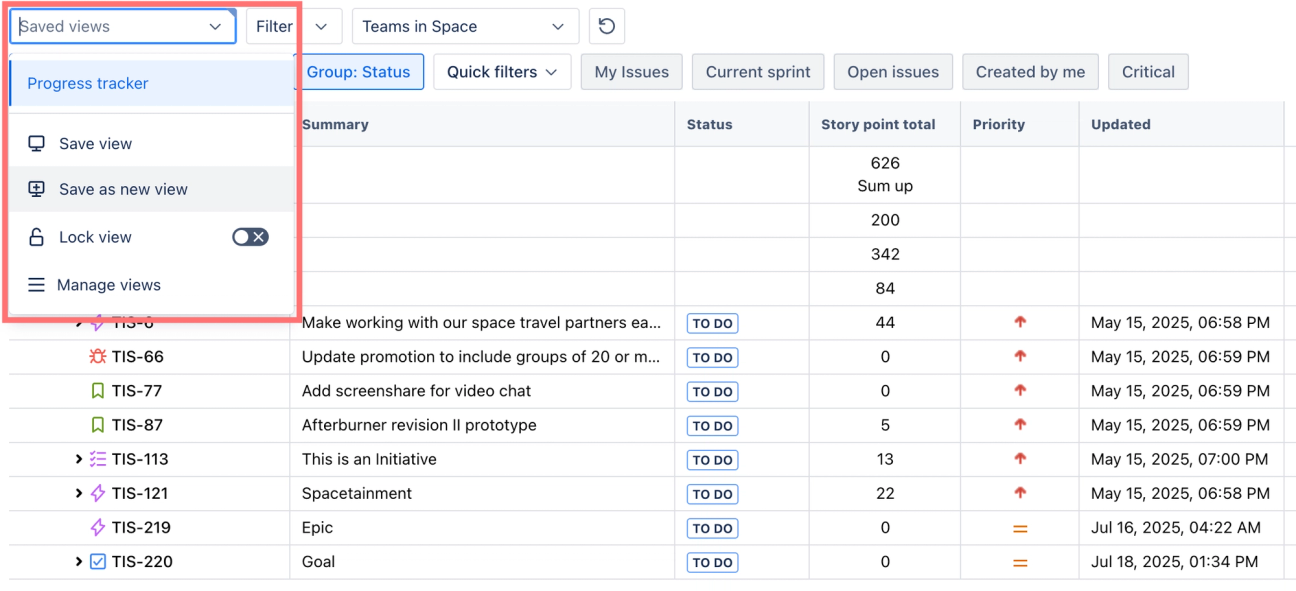 create a saved view in Hierarchy for Jira