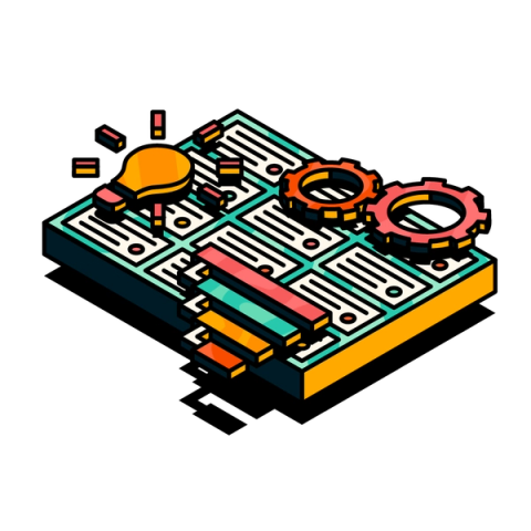 An illustraed Jira board with a custom tree view of work items, lightbulb, and cogs illustration overlaid on top