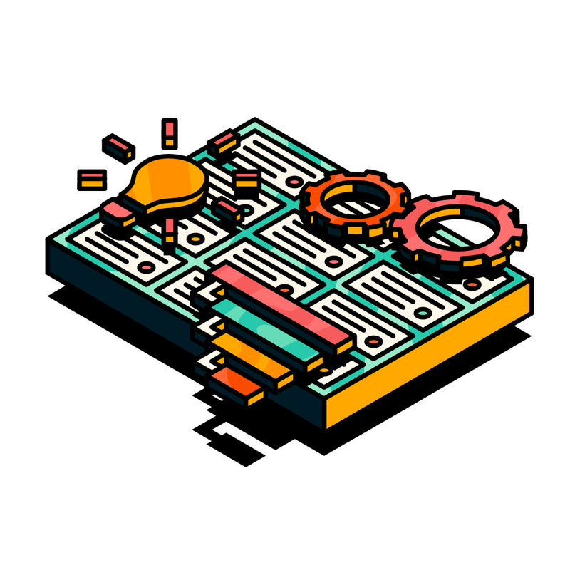 An illustraed Jira board with a custom tree view of work items, lightbulb, and cogs illustration overlaid on top