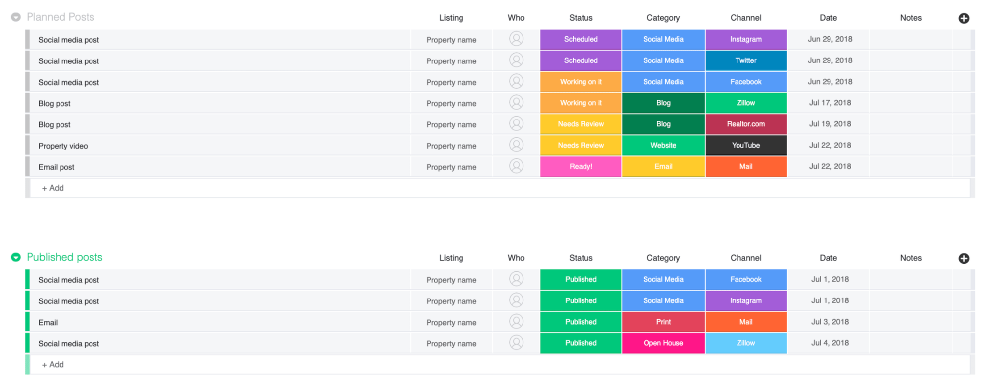 Screenshot showing a monday.com content marketing calendar.