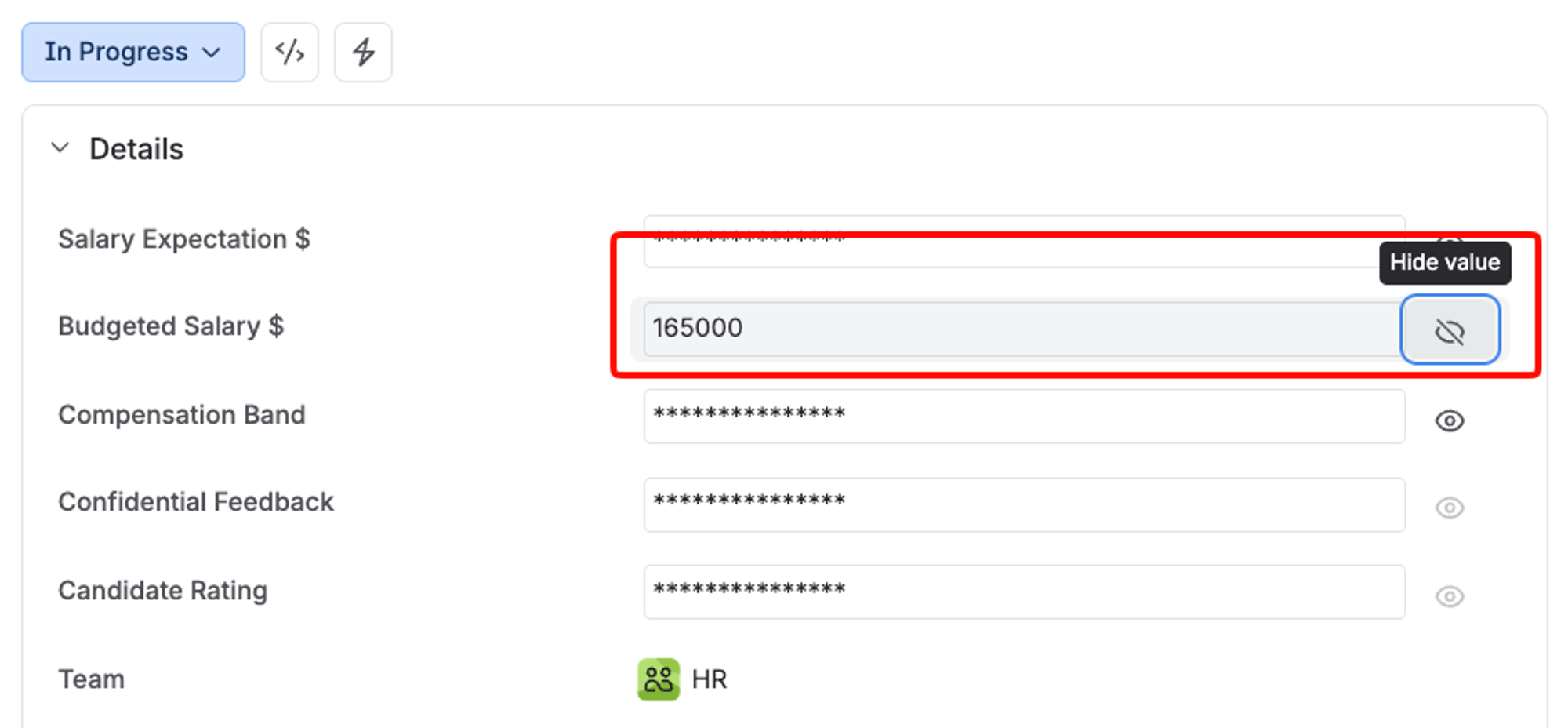 A Jira work item where a permitted user has revealed the Budgeted Salary value of 165000, while the other protected fields stay masked.