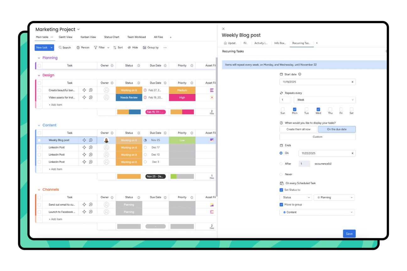 Screenshot showing Automatic Scheduling in Recurring Tasks for monday.com.