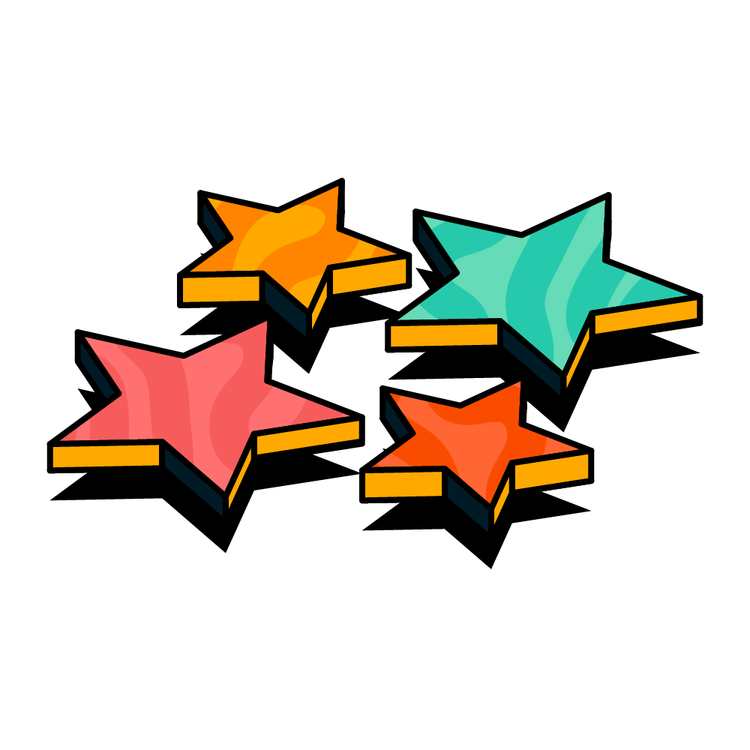 four illustrated stars in red, pink, orange, and green