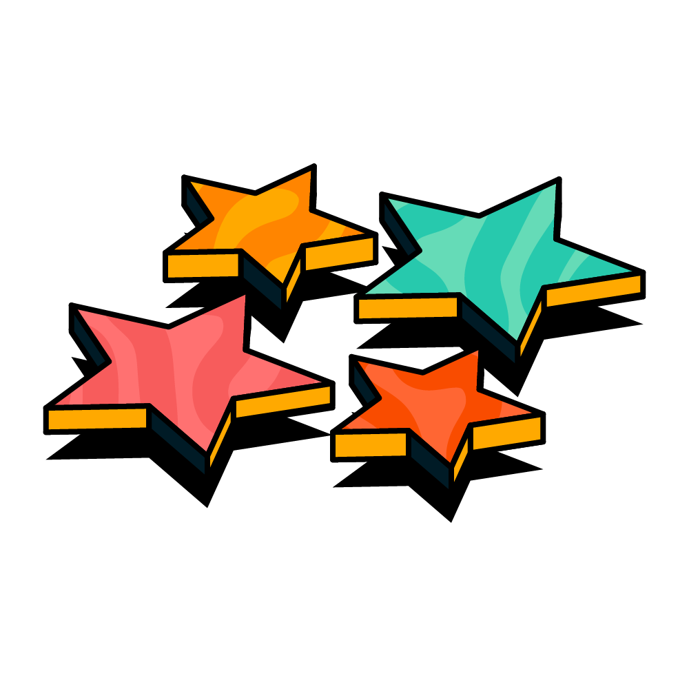 four illustrated stars in orange, green, pink, and red