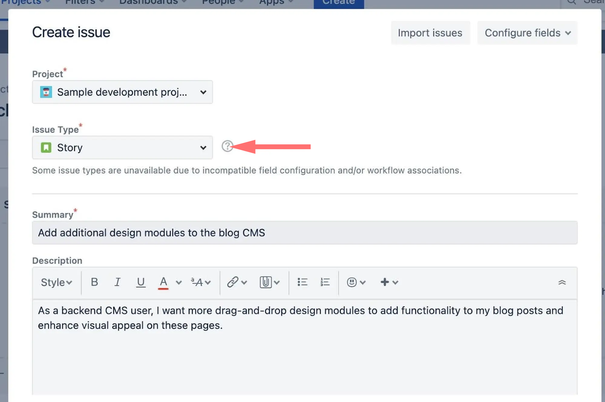 A screenshot of Jira showing how to create a user story issue type.