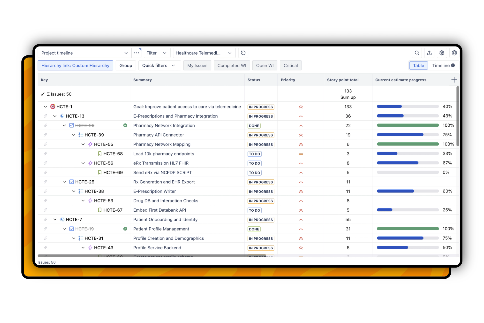 Screenshot of Hierarchy for Jira with multiple custom levels
