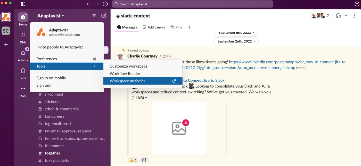 Screenshot showing how to see analytics in Slack.