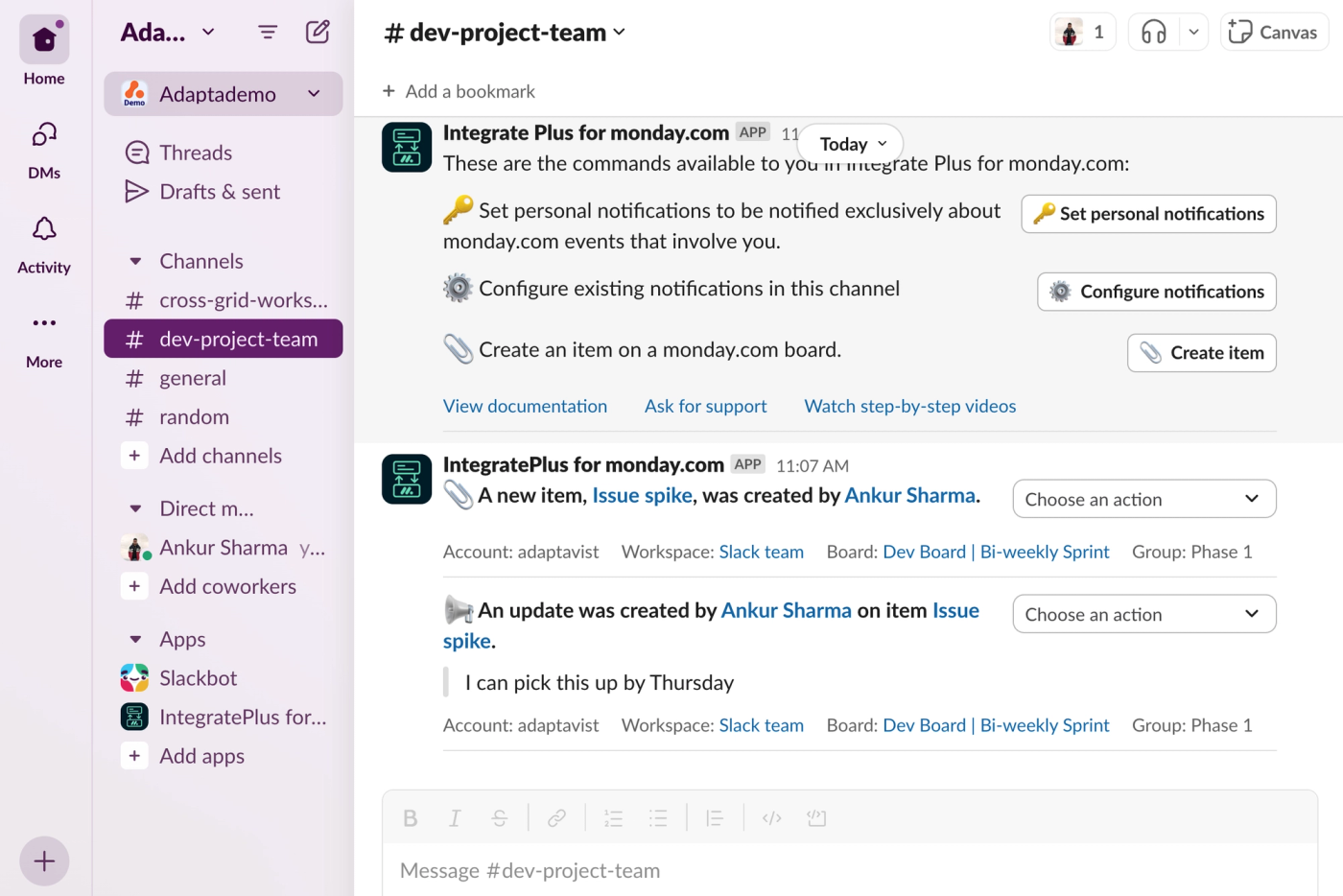 Screenshot showing how to capture a Slack message and create it as an item on your monday.com project management board.