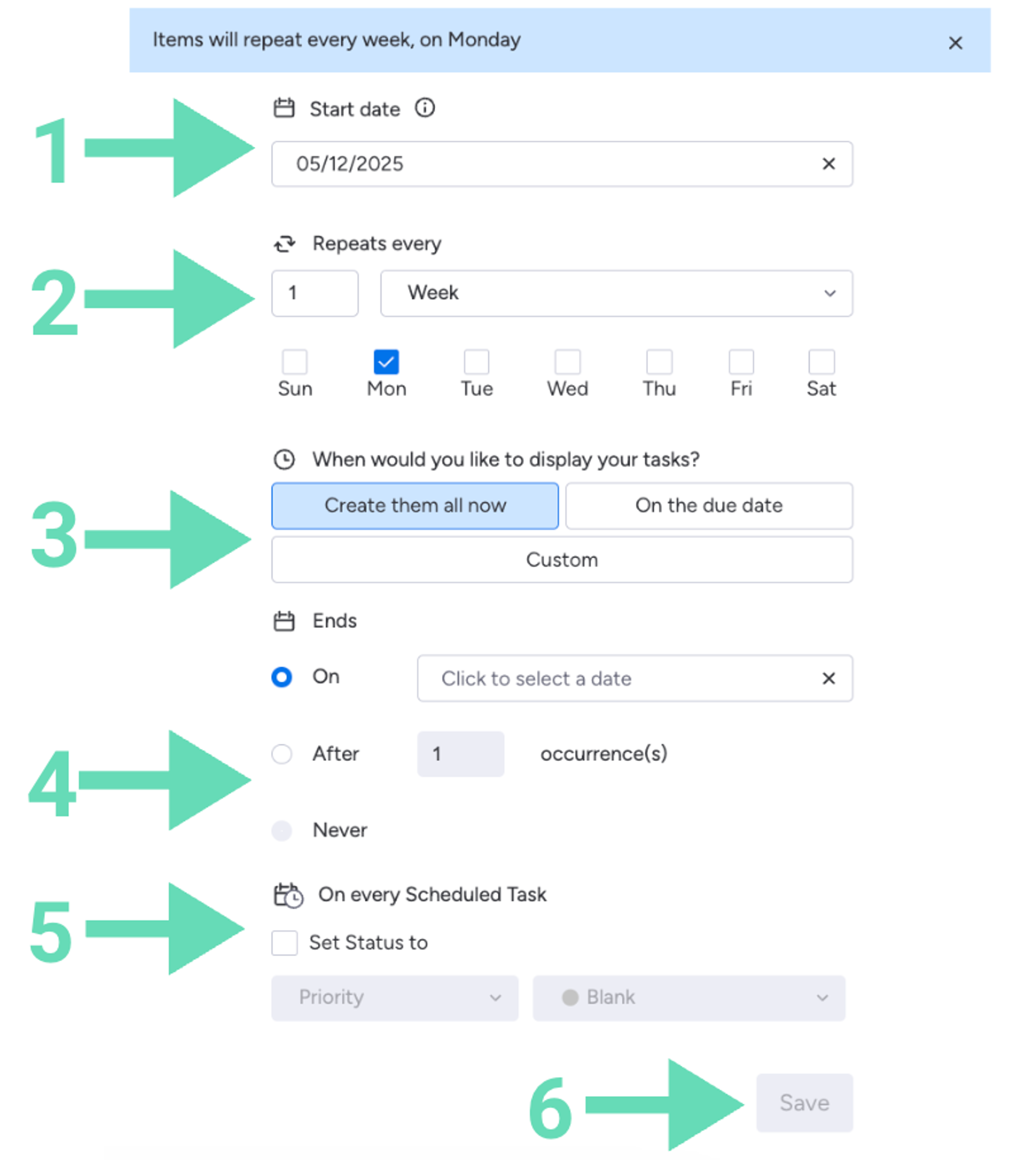 Screenshot showing how to create Recurring Tasks for monday.com.