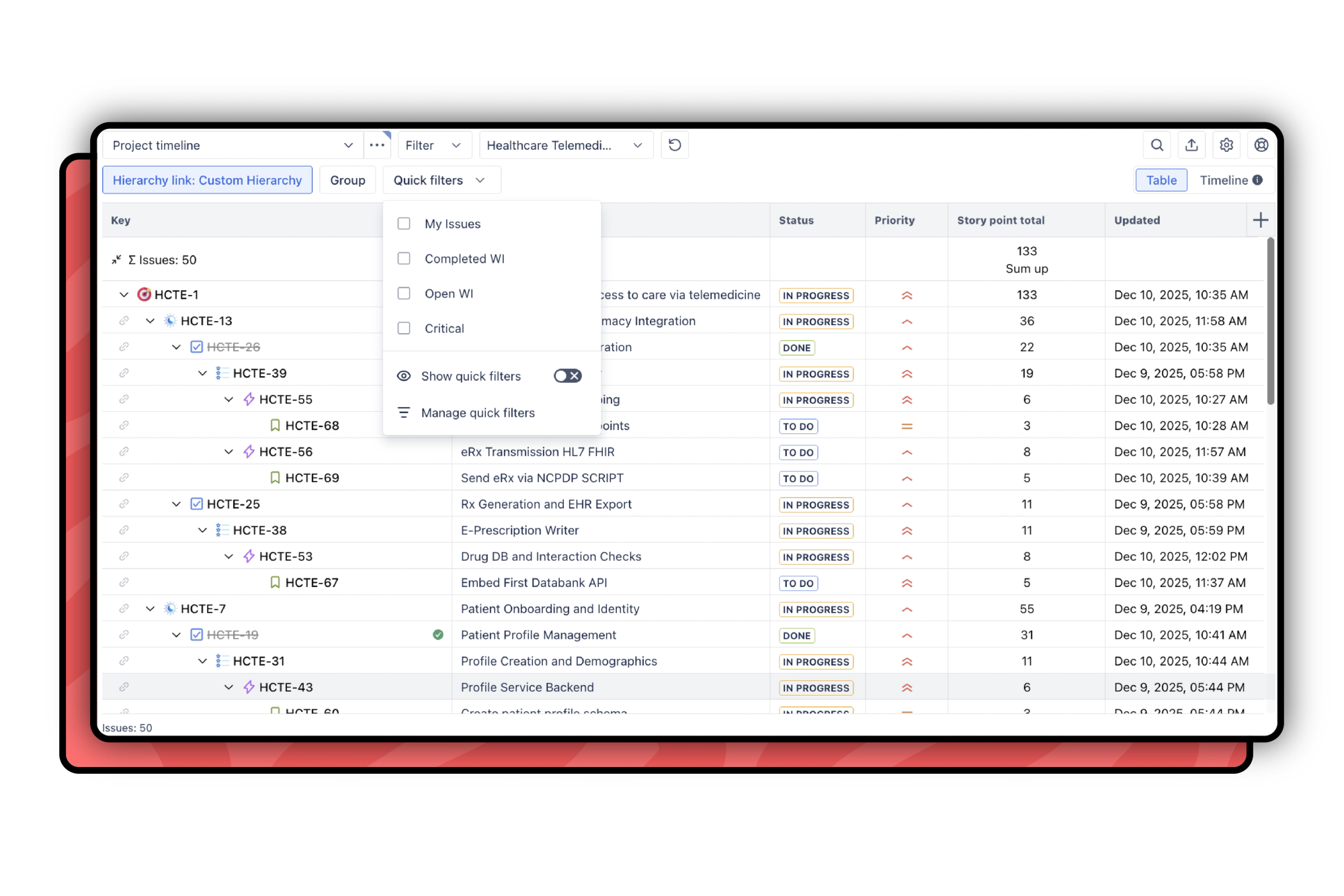 Hierarchy for Jira showing rolled up story points and the option to switch between saved views