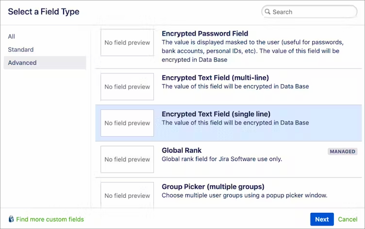 encrypted text field option