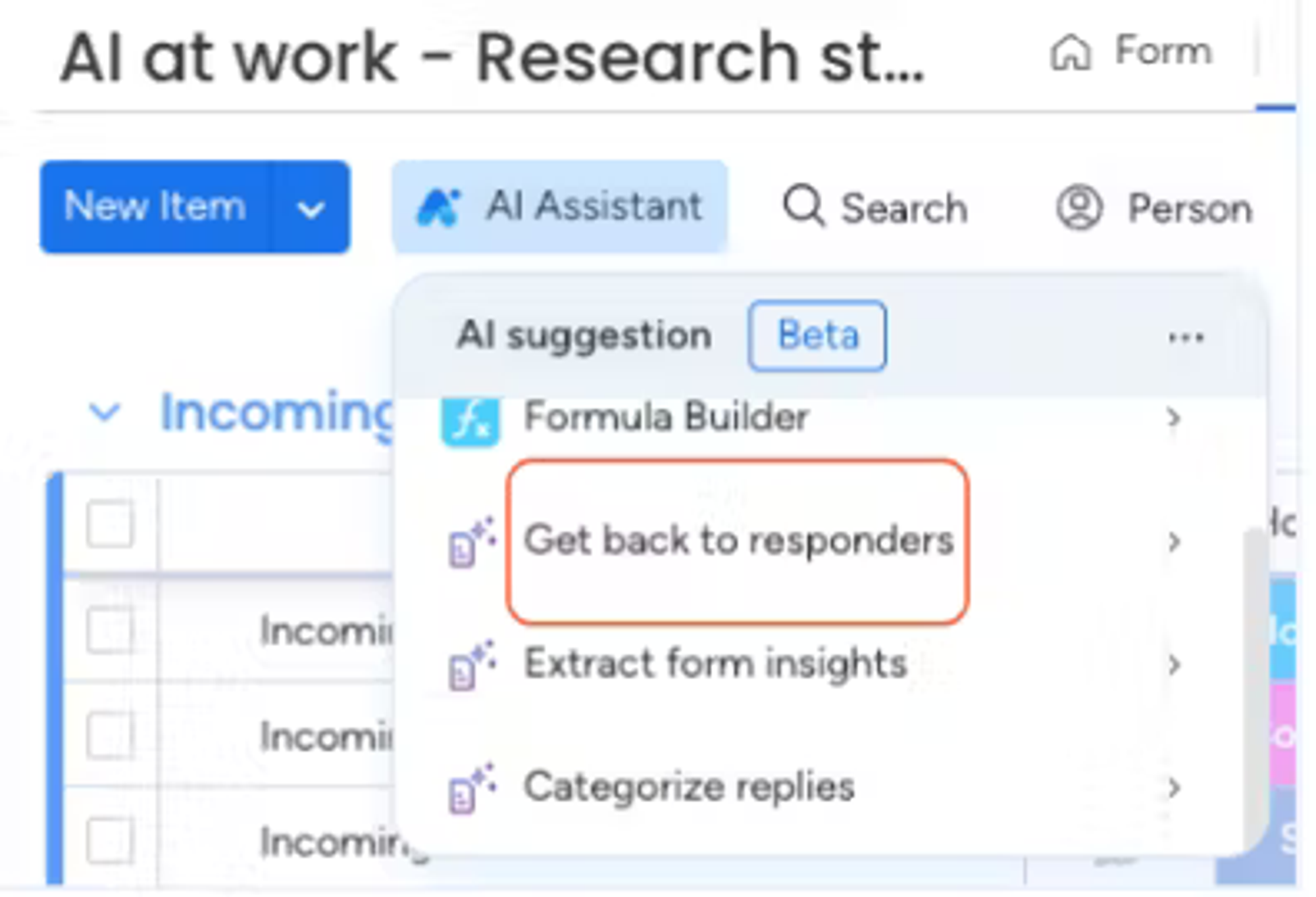 Screenshot showing how to access the 'Get back to responders' feature in Smart Forms for monday.com.