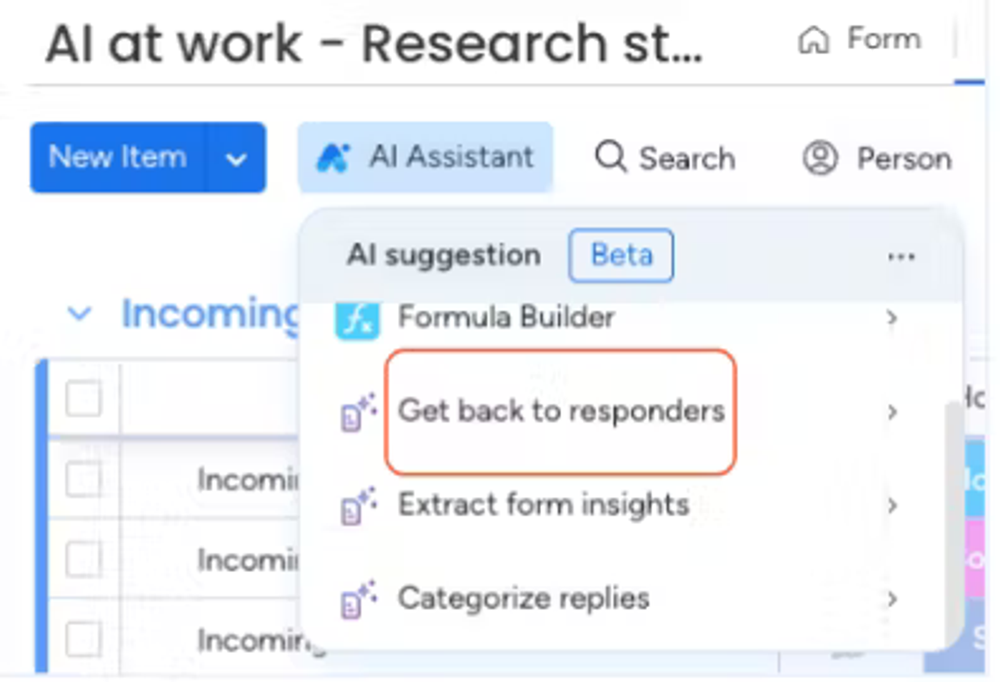 Screenshot showing how to access the 'Get back to responders' feature in Smart Forms for monday.com.