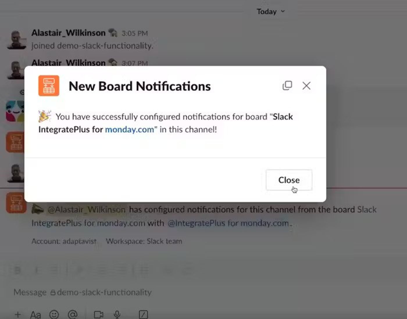 Screenshot showing step 10 of Slack onboarding flow for Slack IntegratePlus.