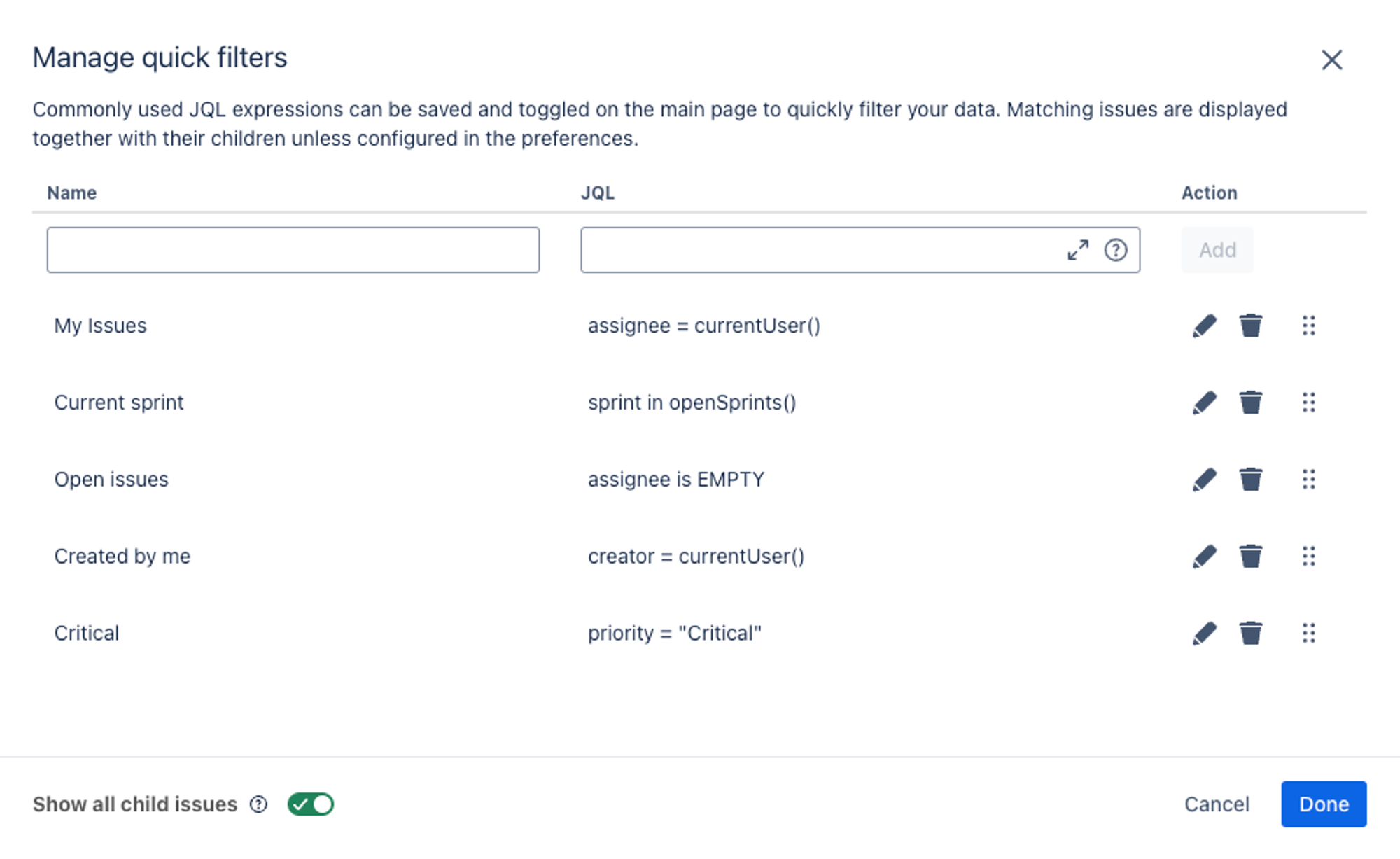 Manage your quick filters in Hierarchy for Jira