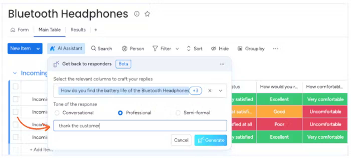 Screenshot showing how to generate your response using Smart Forms for monday.com.