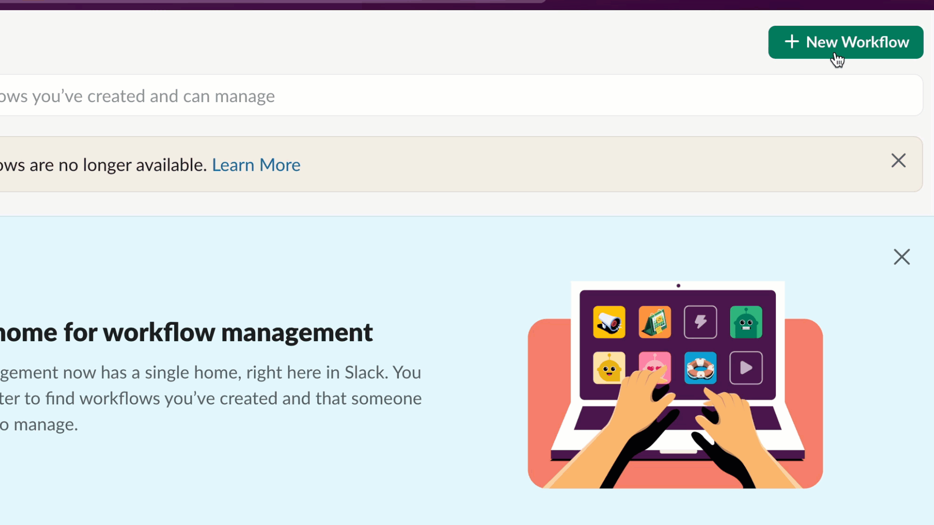 GIF showing how to start a new workflow using Slack's Workflow Builder.