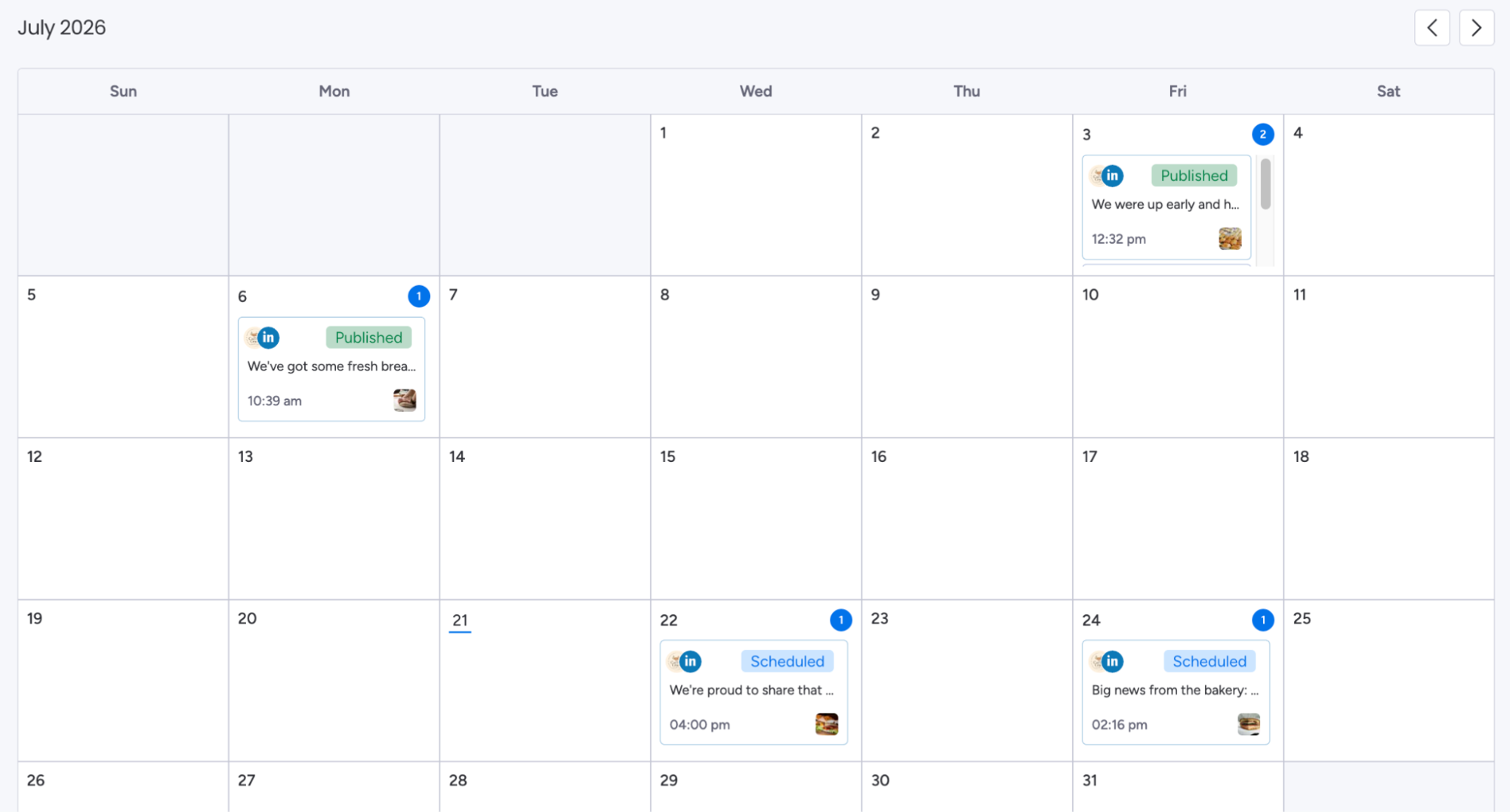 Calendar View showing scheduled posts across the month