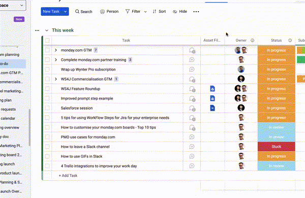 GIF showing how to use column summary in monday.com.