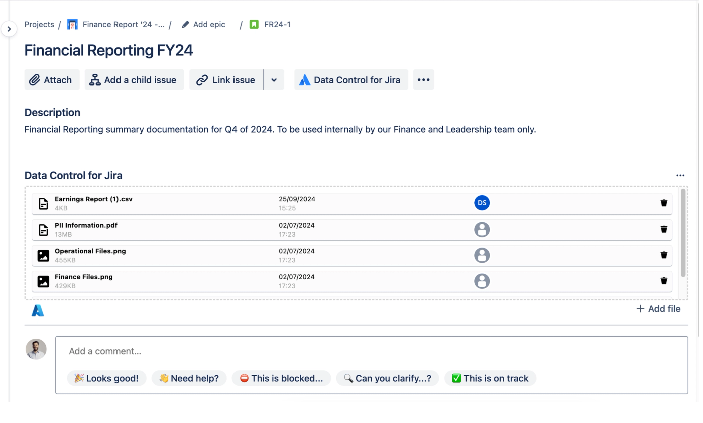 the data control for jira module in Jira with the azure integration set up