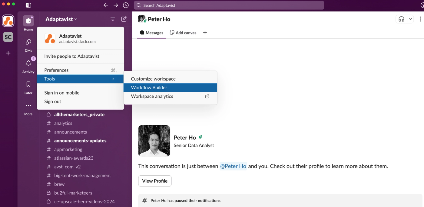 Screenshot showing how to access Workflow Builder in Slack.