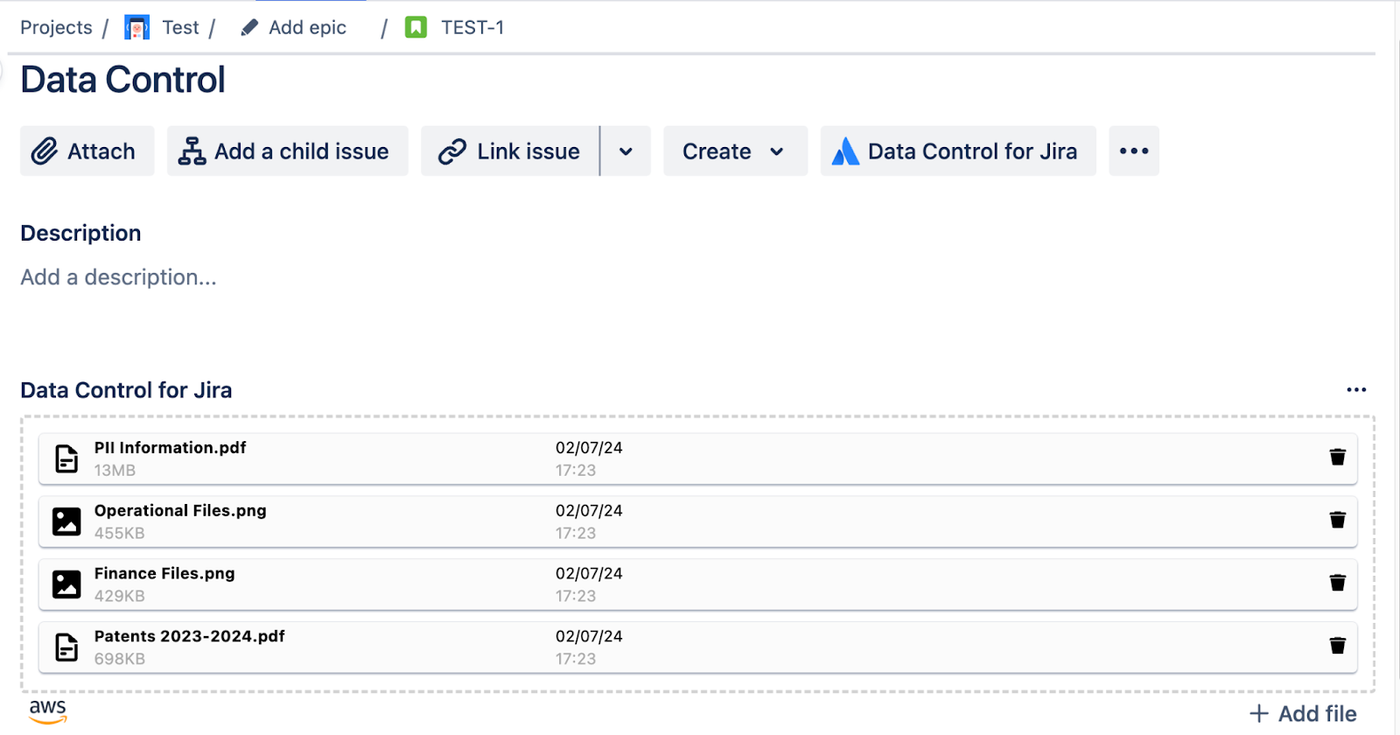 A Jira issue with the Data Control for Jira module and files showing up