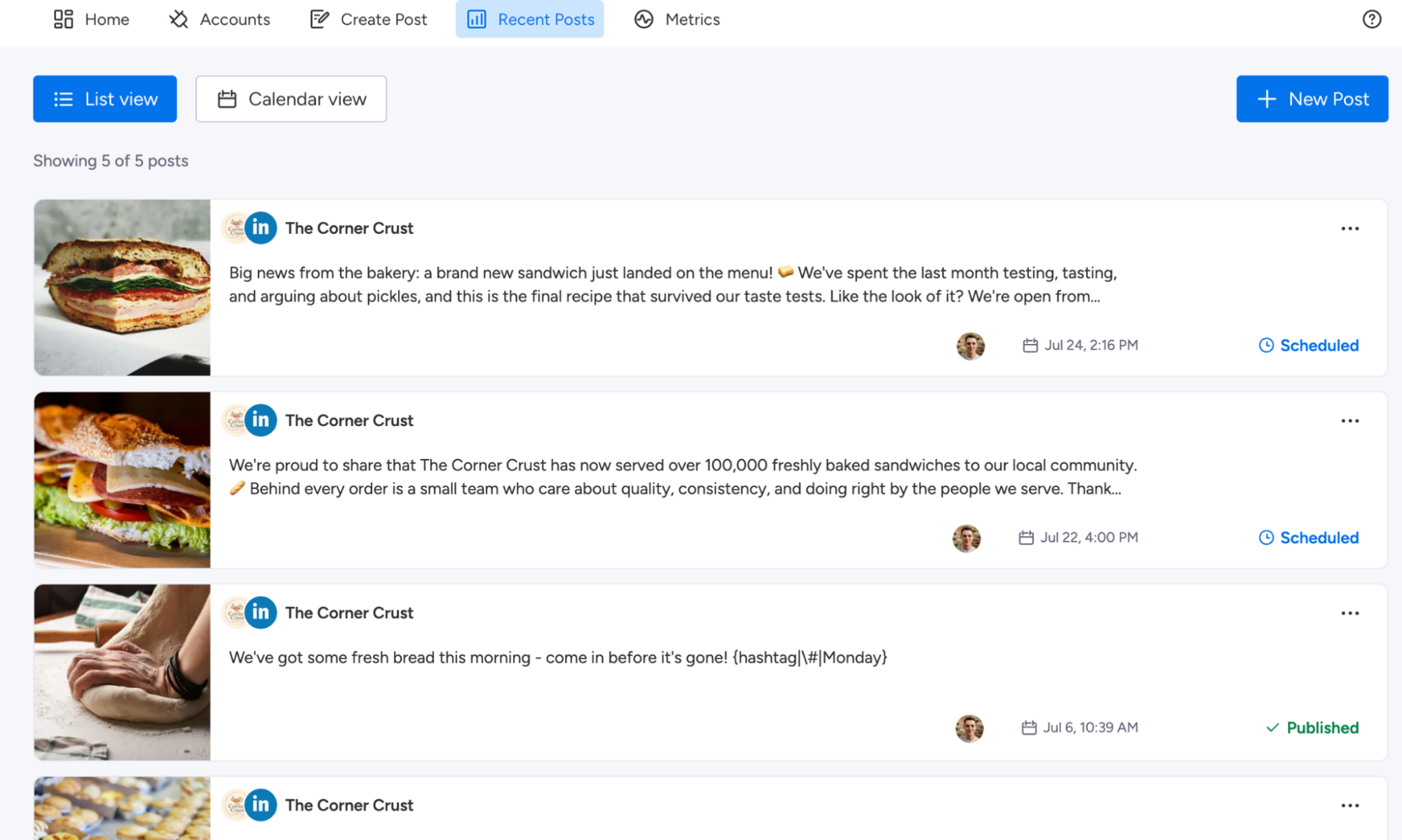 List View in Recent Posts showing creator, publish time and status for each post
