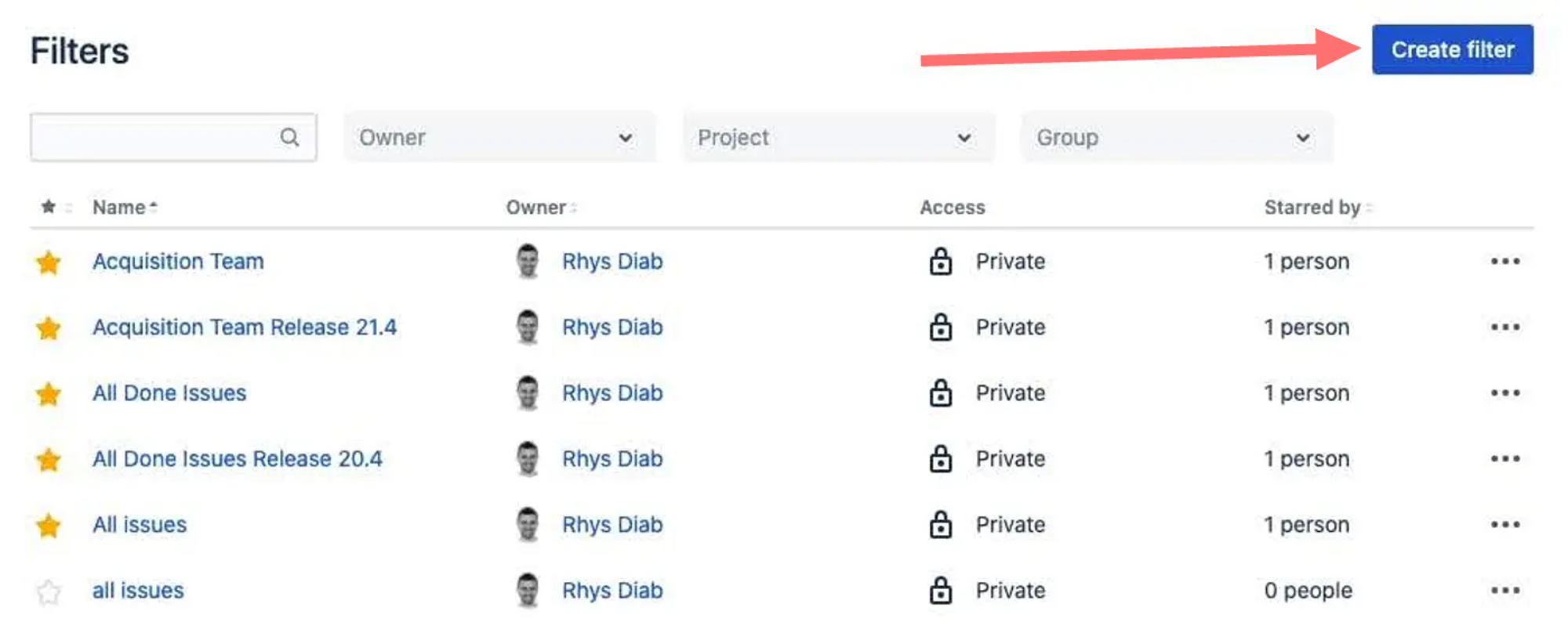 Jira screenshot of the 'create filter' setting.