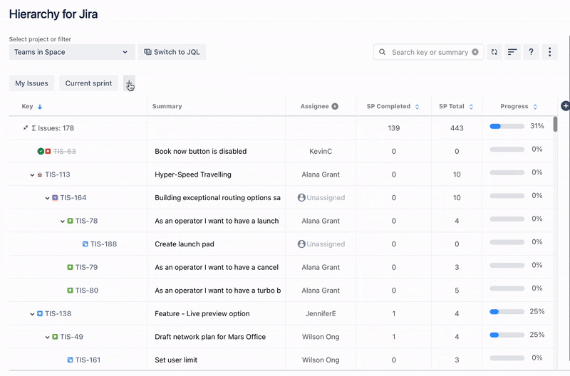 an animation of Quick Filters being used with Hierarchy for Jira