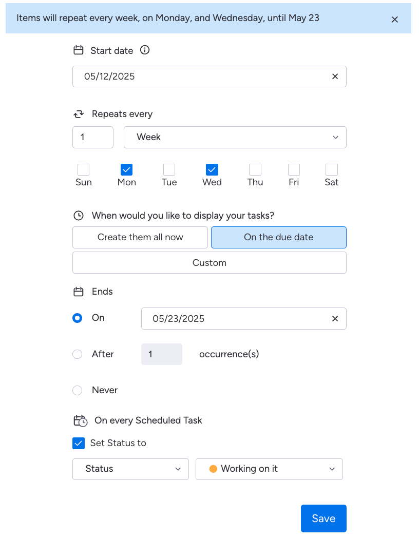 Creating a Recurring Tasks Subitem