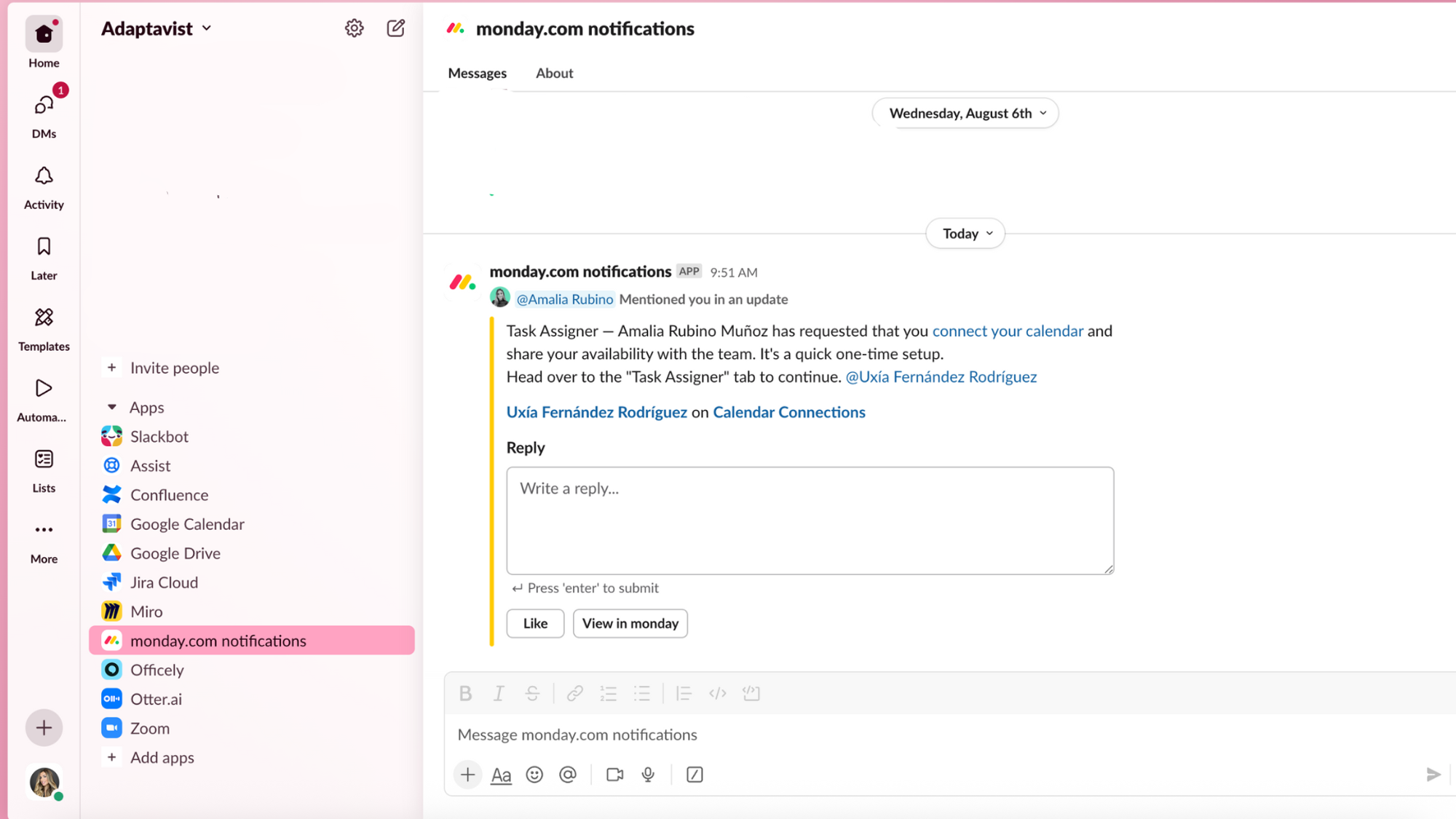 A screenshot showing a Slack notification being sent when a task is assigned in monday.com using Task Assigner for monday.com.
