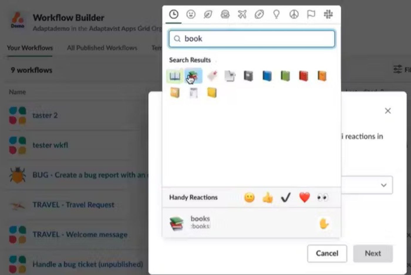 Screenshot showing how to choose your emoji reaction in the Workflow Builder.
