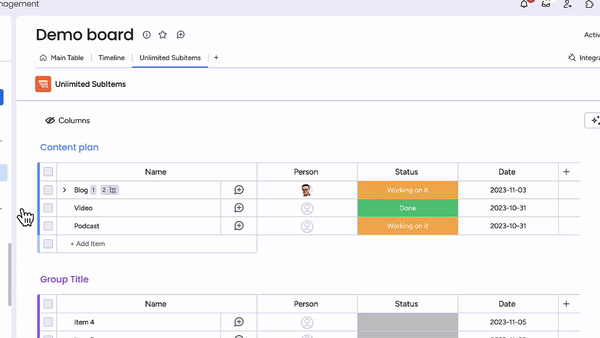 GIF showing how to use Unlimited Subitems for monday.com content management planning.