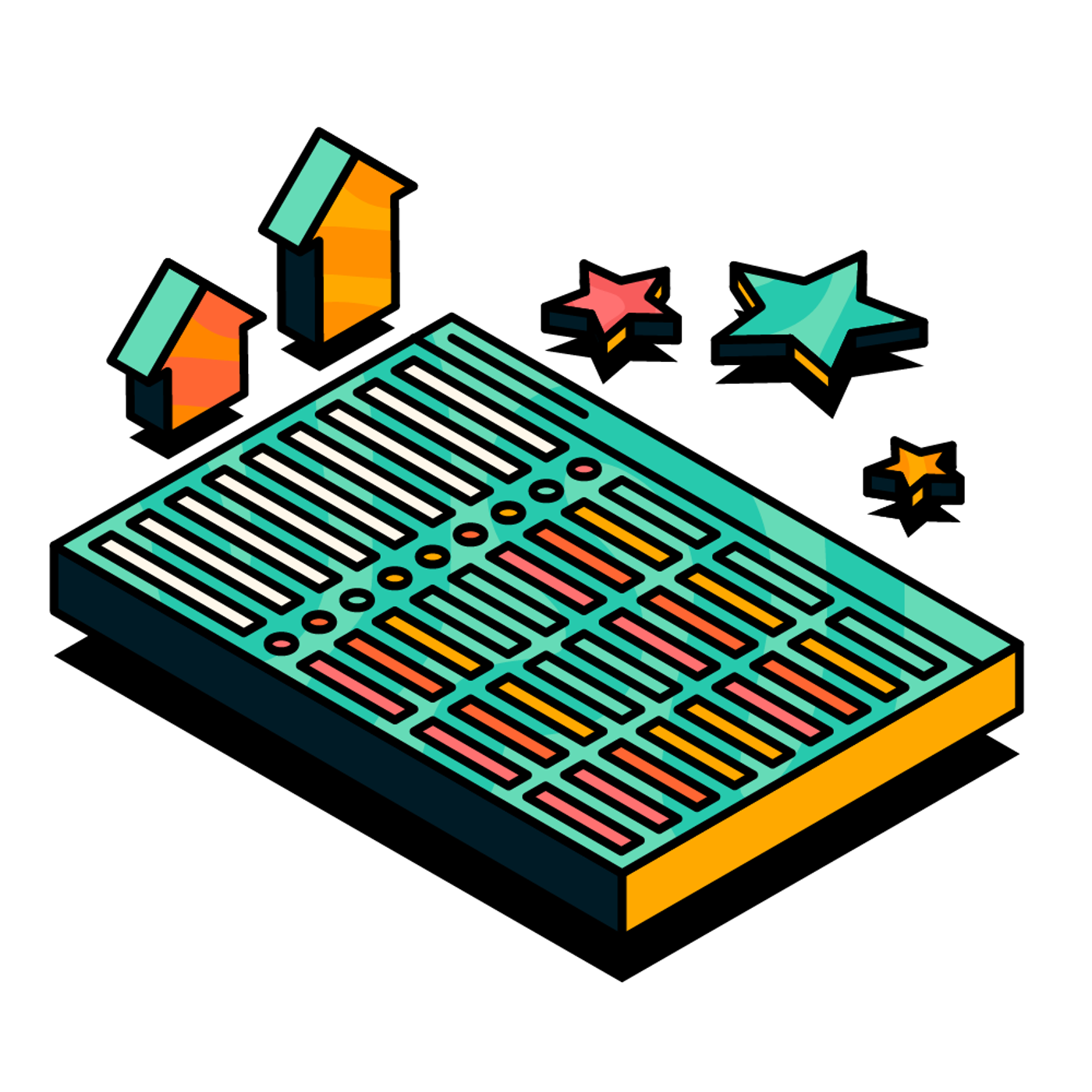 An illustration of a monday.com board with up arrows and stars