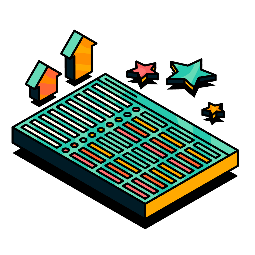 An illustration of a monday.com board with up arrows and stars