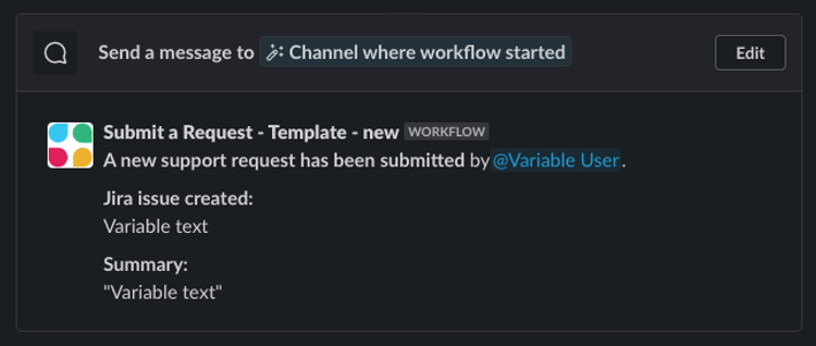 Screenshot showing the 'submit a request' template in Workflow Steps for Jira.