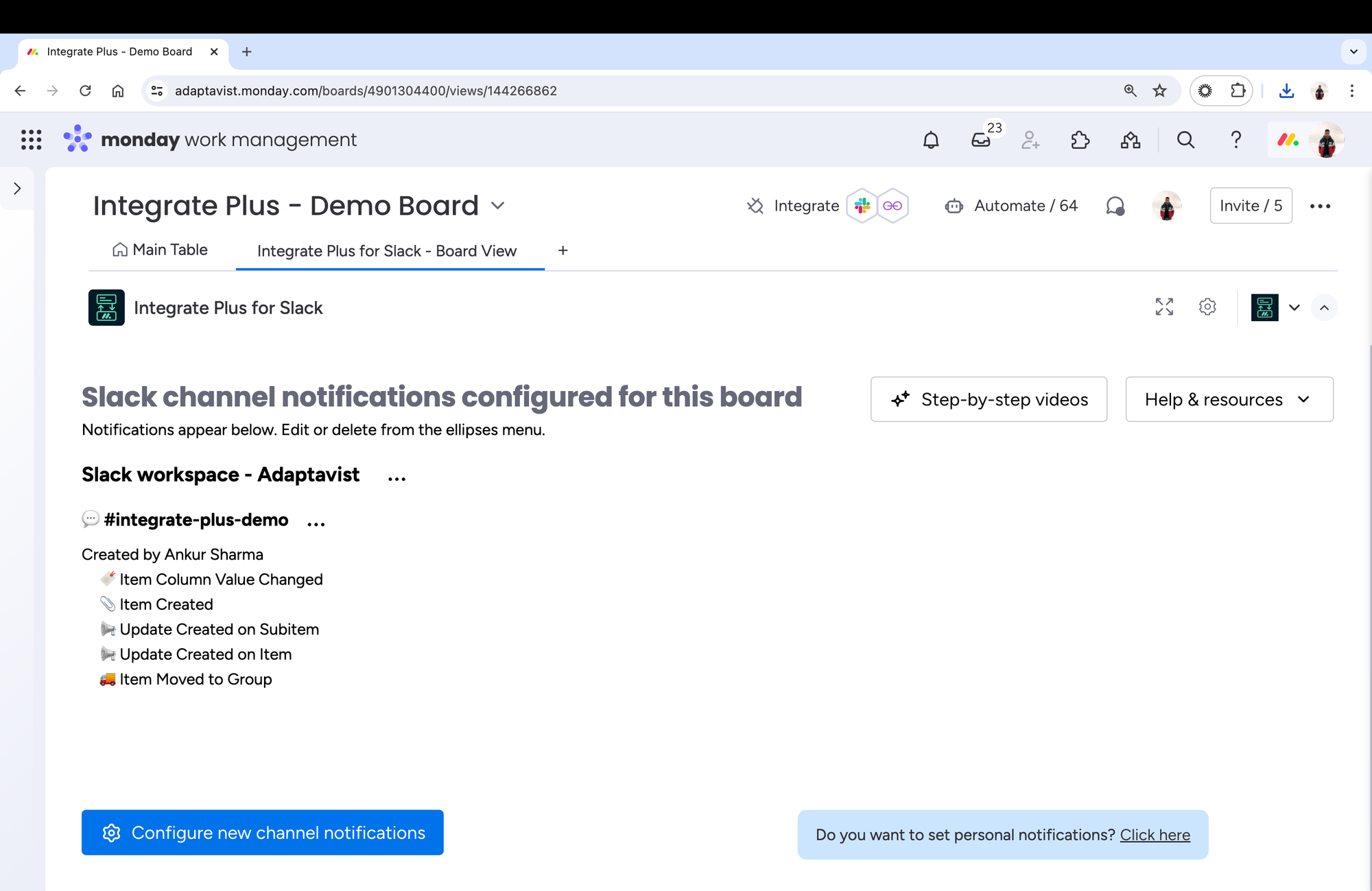 Screenshot of the Integrate Plus app in monday.com showing how to configure notifications