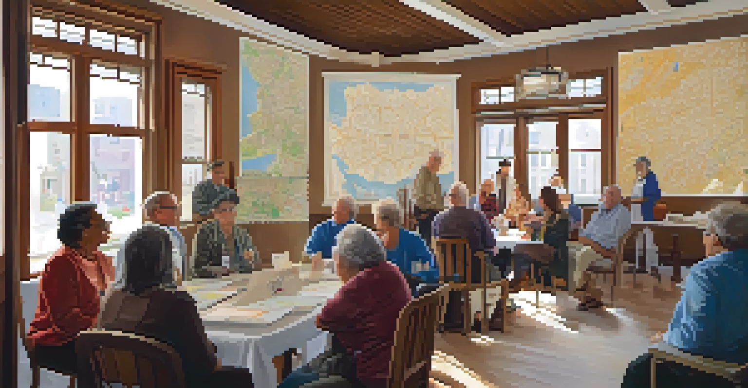 A community meeting with residents discussing revitalization efforts, surrounded by maps and photographs of their historical district.